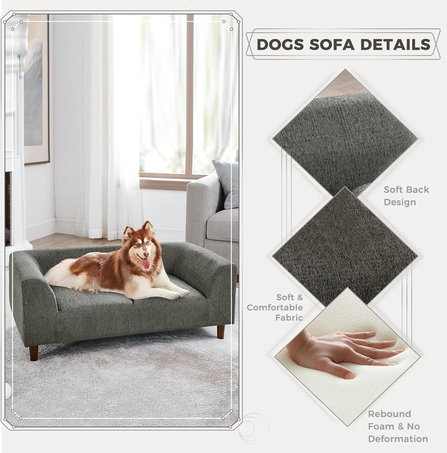 Dog Sofa Couch for Medium to Large Dogs, Memory Foam Dog Sofa Bed, Modern Elevated Pet Couch Bed with Wooden Legs for Medium and Large Dogs, Dark Grey