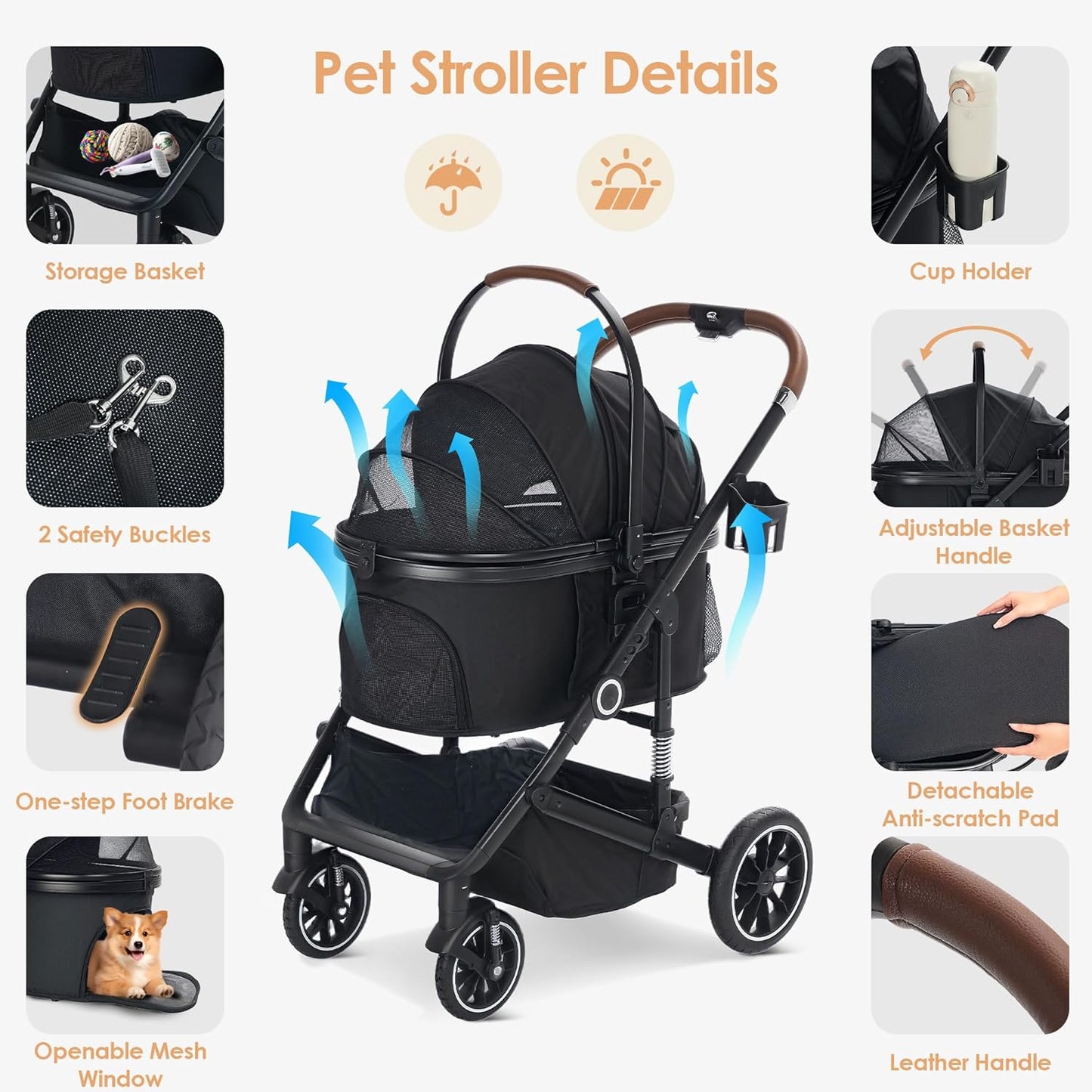 Pet Stroller with 4 Wheels, 3 IN 1 Folding Puppy Strollers for Small/Medium Dogs Cats up to 50lbs, Lightweight Pet Travel Carrier with Detachable Cushion, Storage Basket and Cup Holder, Black
