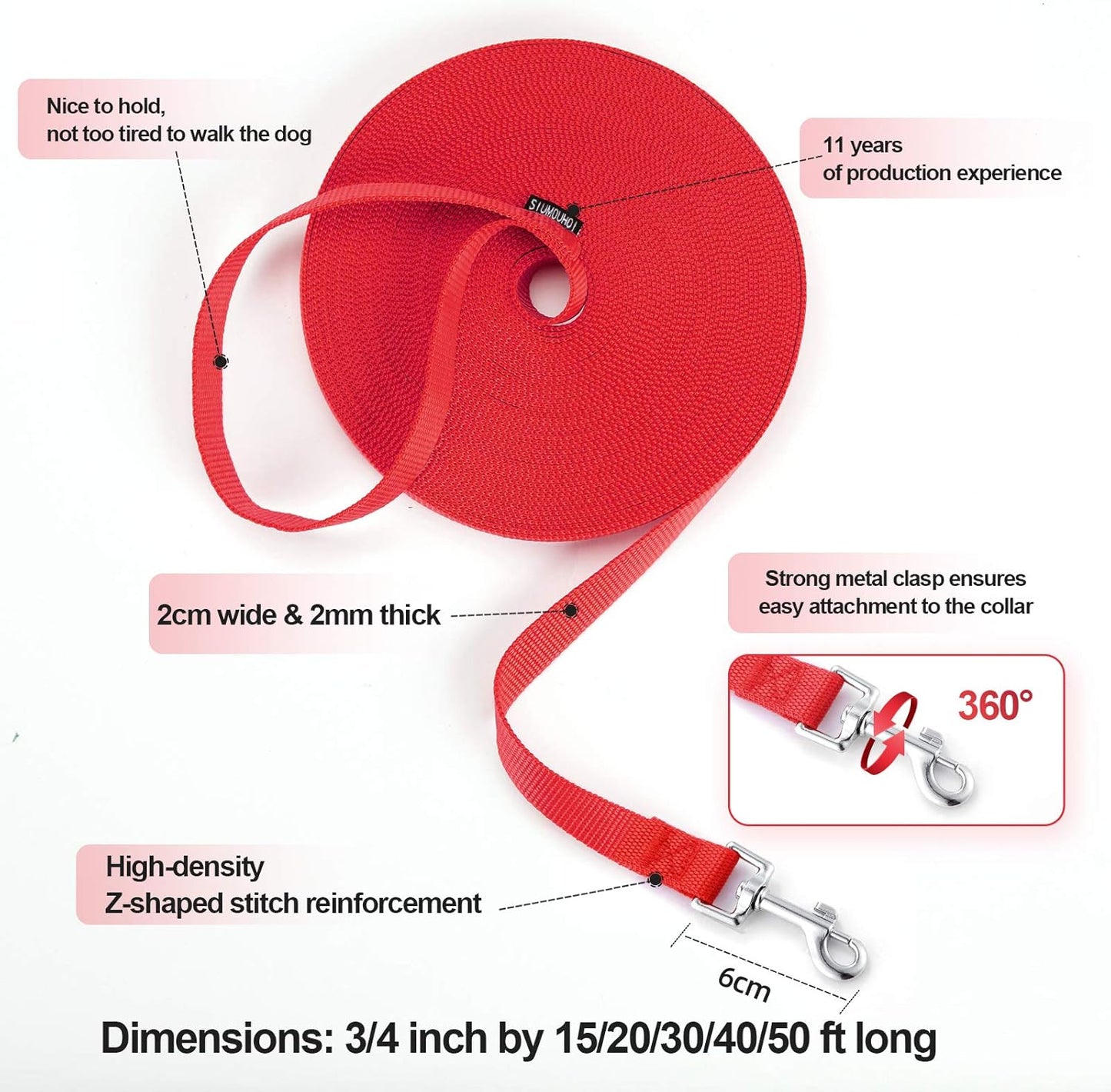 Dog/Puppy Obedience Recall Training Agility Lead - 15ft 20ft 30ft 40ft 50ft Training Leash - Great for Training, Play, Camping, or Backyard（Red，40 Feet）