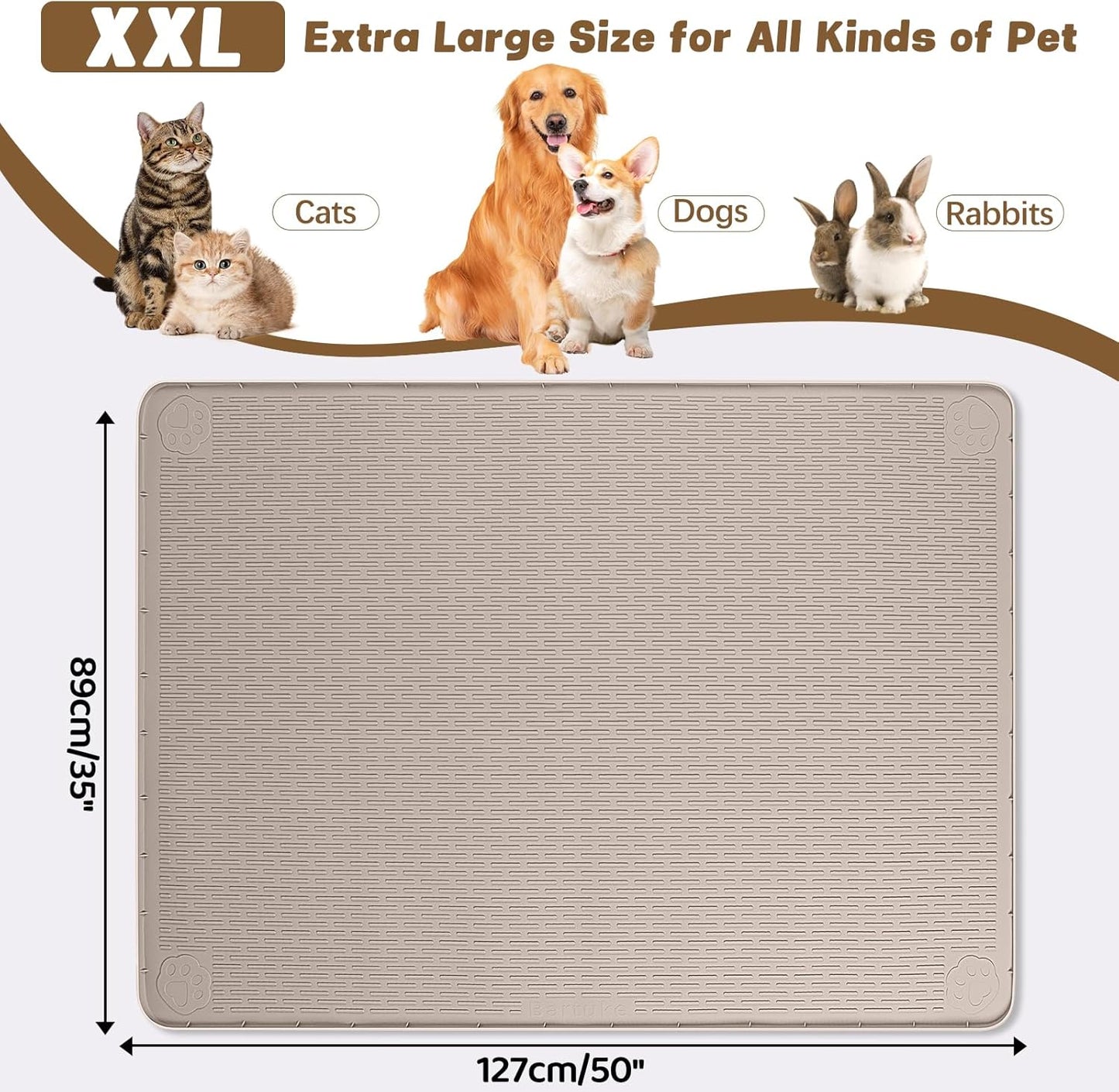 Cat Food Mat, 50" x 35" Extra Large Silicone Pet Feeding Mat with Raised Edge Pet Placemat for Food and Water Bowl Non-Slip, Easy to Clean, Floor Protection (Khaki)