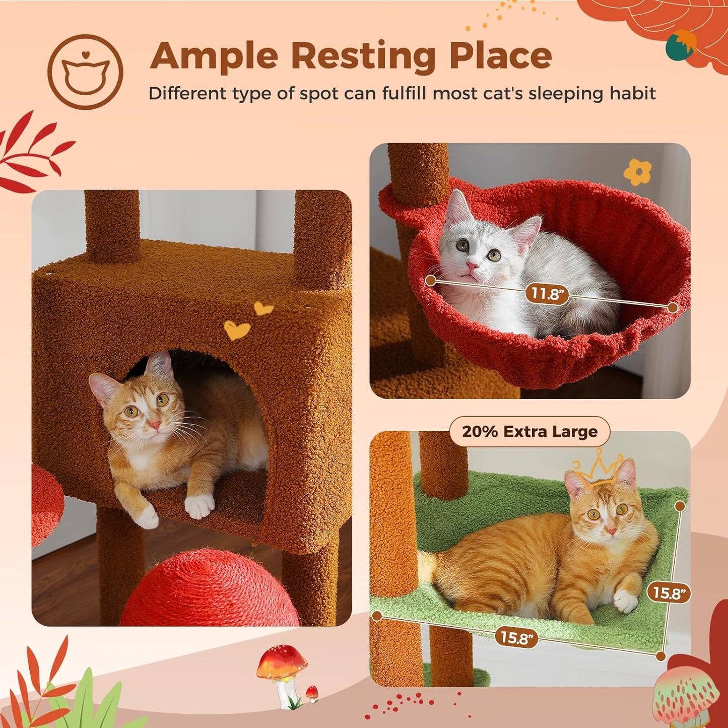 PEQULTI Mushroom Cat Tree Floor to Ceiling Cat Tower Adjustable Height (90.5''-100.4'' = 230cm-252cm) with Cat Condo, Cozy Hammock and Scratching Post, Tall Activity Tree for Indoor Cats, Brown