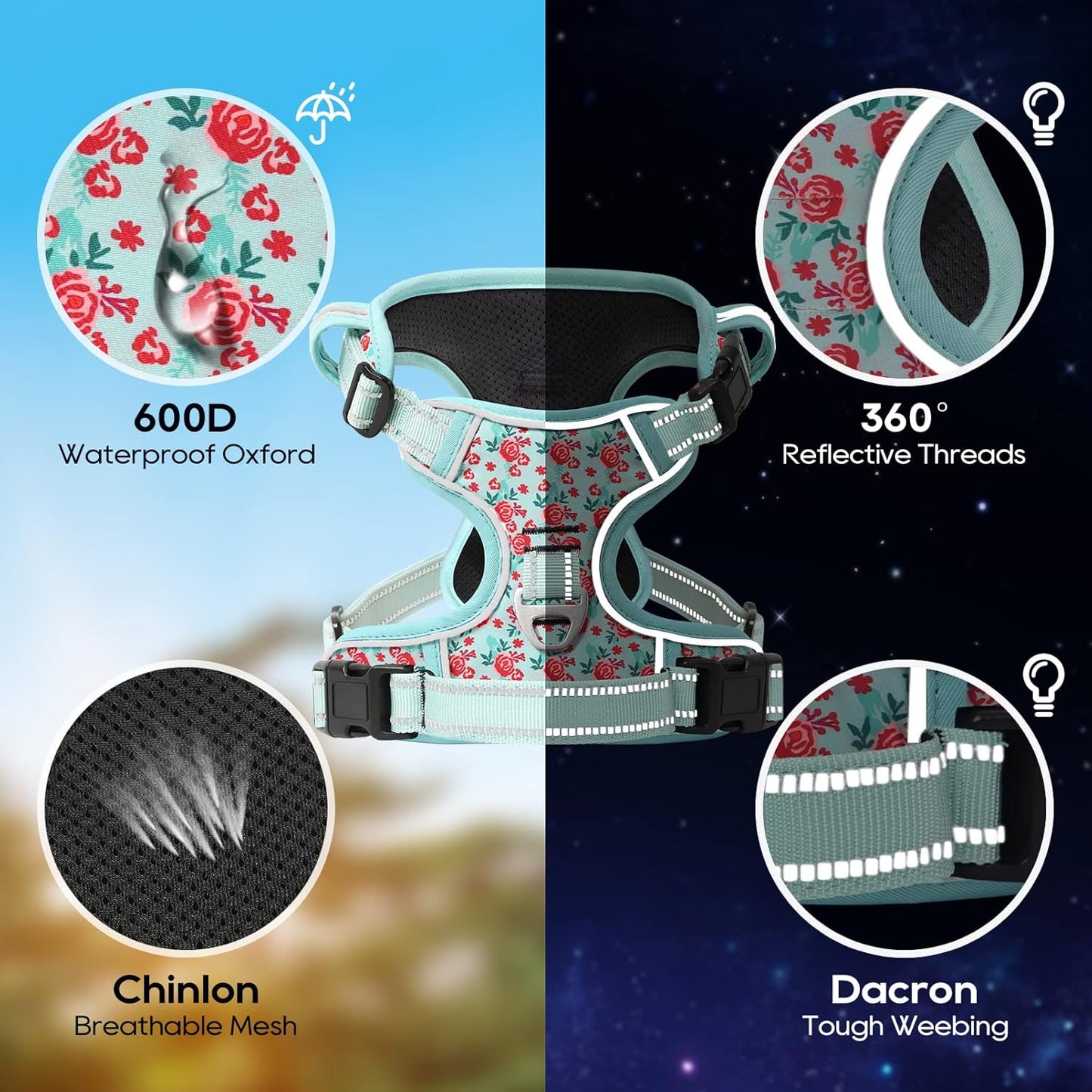 Timos Dog Harness, No-Pull Pet Harness with 2 Leash Clips, 3 Snap Buckles Adjustable Soft Padded Dog Vest, Reflective No-Choke Pet Oxford Vest with Easy Control Handle for Small Medium Large Dogs