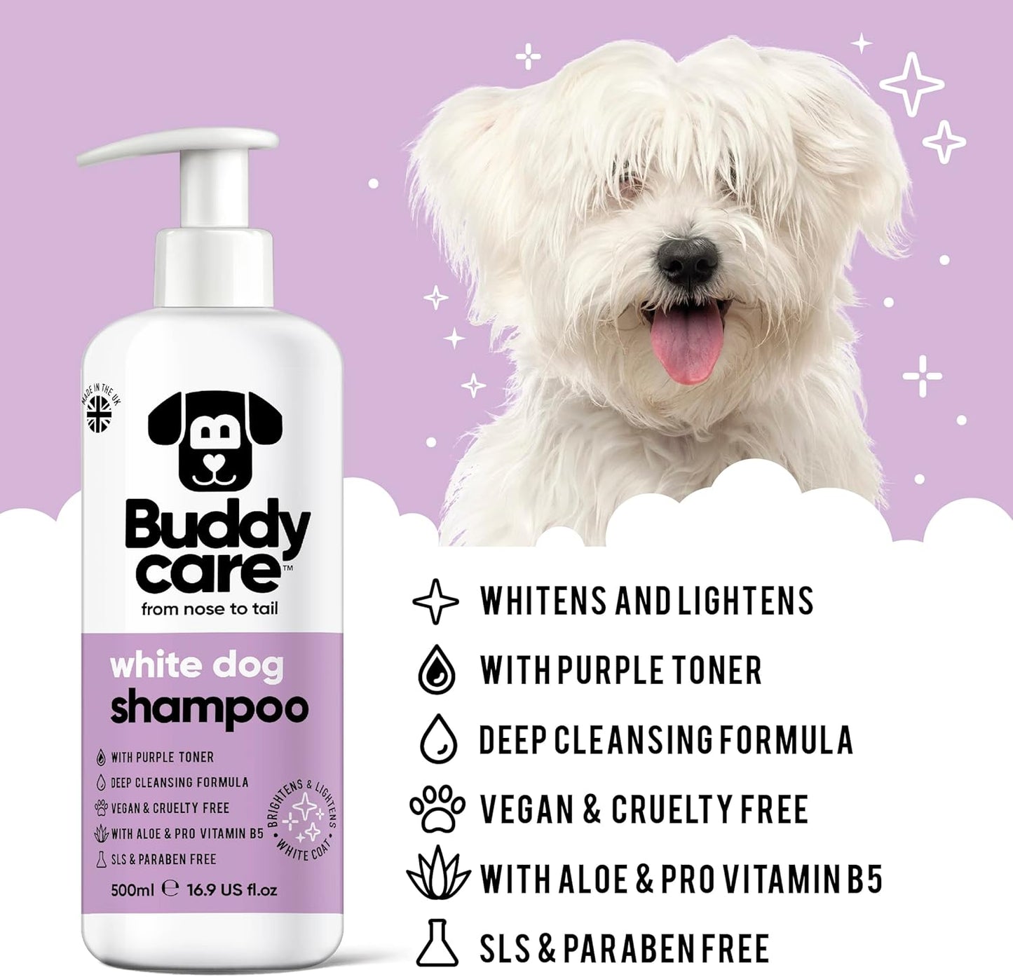 White Dog Shampoo by Buddycare | Dry Skin & Itchy Skin Relief for Smelly Dogs | Deep Cleansing Shampoo for Dogs Puppy Sensitive Skin | Dog Shampoo & Conditioner | with Aloe & Vitamin B5 (16.90oz)