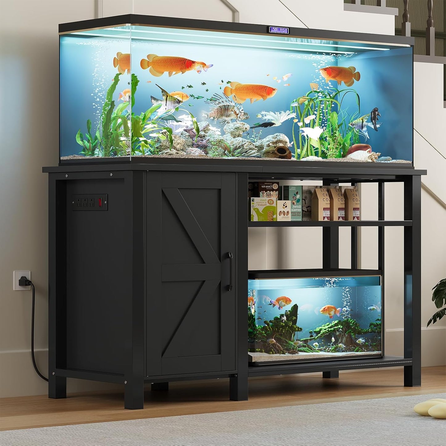55-75 Gallon Fish Tank Stand with Power Outlet & Adjustable Shelf, Heavy Duty Aquarium Stand with Cabinet Storage for Fish Tank, Turtle Tank, Reptile Terrarium, 1000LBS Capacity, Black
