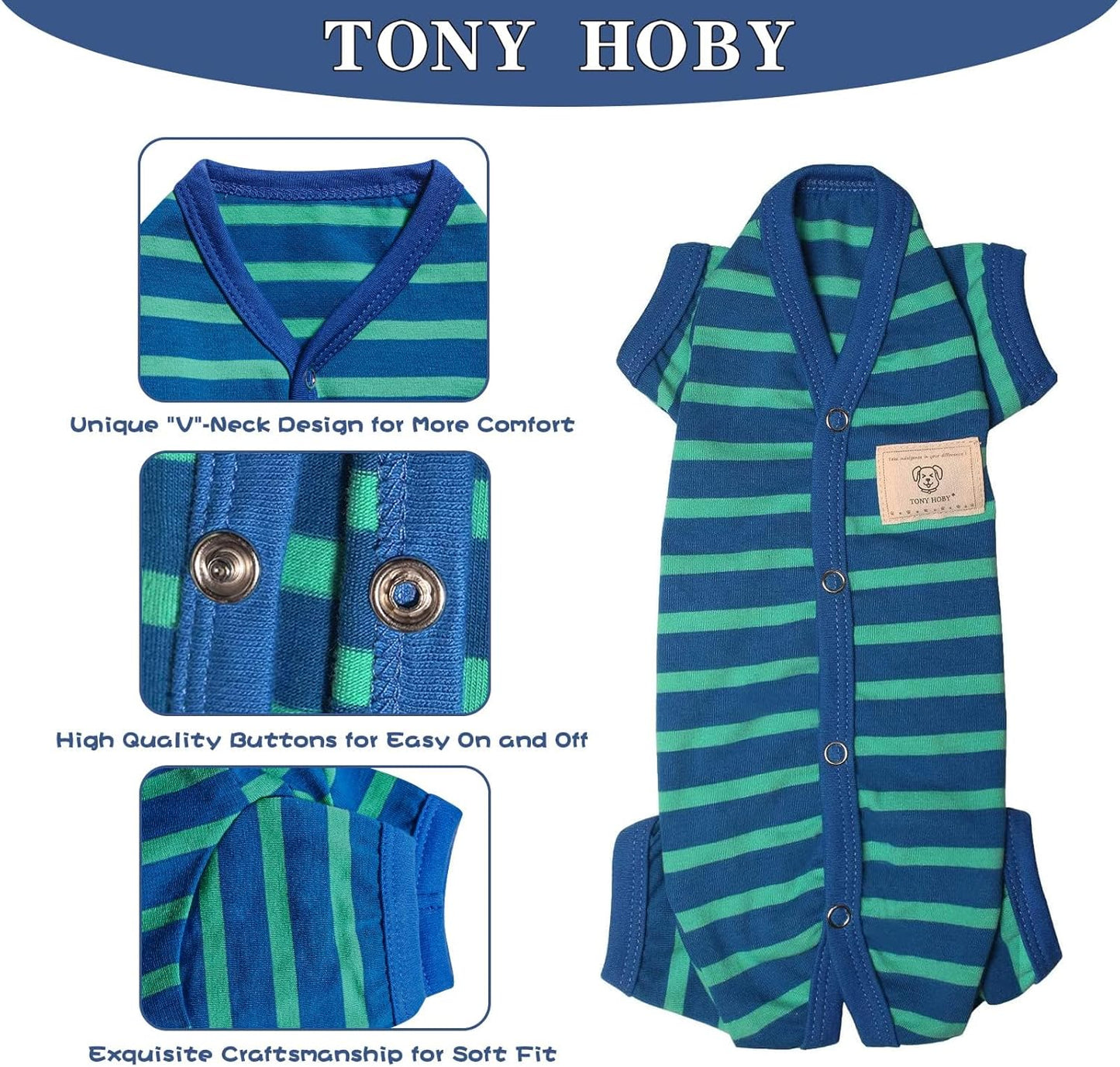 TONY HOBY Dog Pajamas for Female/Male, Dog Jumpsuit with Stripes for Small Medium Dogs, Soft and Comfortable 4 Legged Pajamas Dogs Clothes (Blue&Green, Boy, XL)