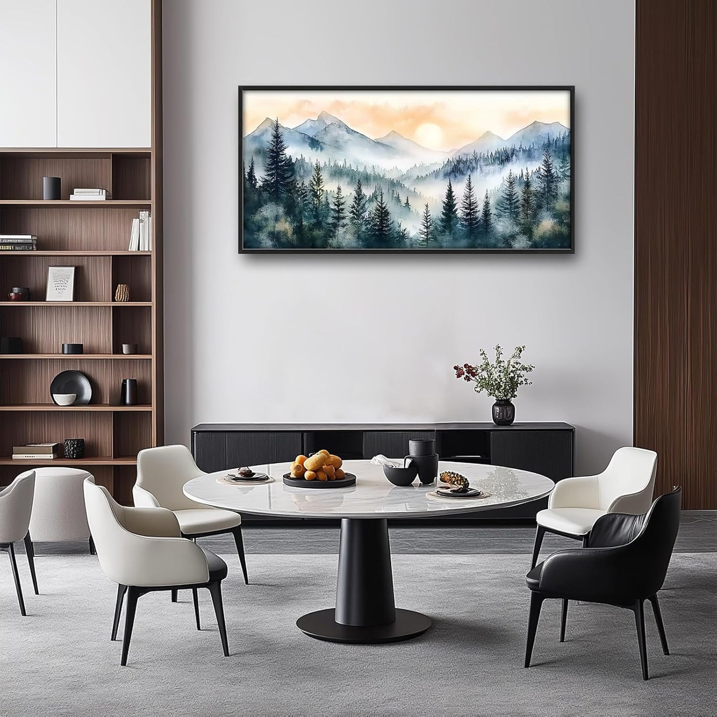 Large Misty Mountain Forest Wall Art for Living Room, Framed Foggy Sunrise Landscape Wall Decor Oversized Watercolor Canvas Painting Modern Artwork Home Decoration for Bedroom Office 60"x30"