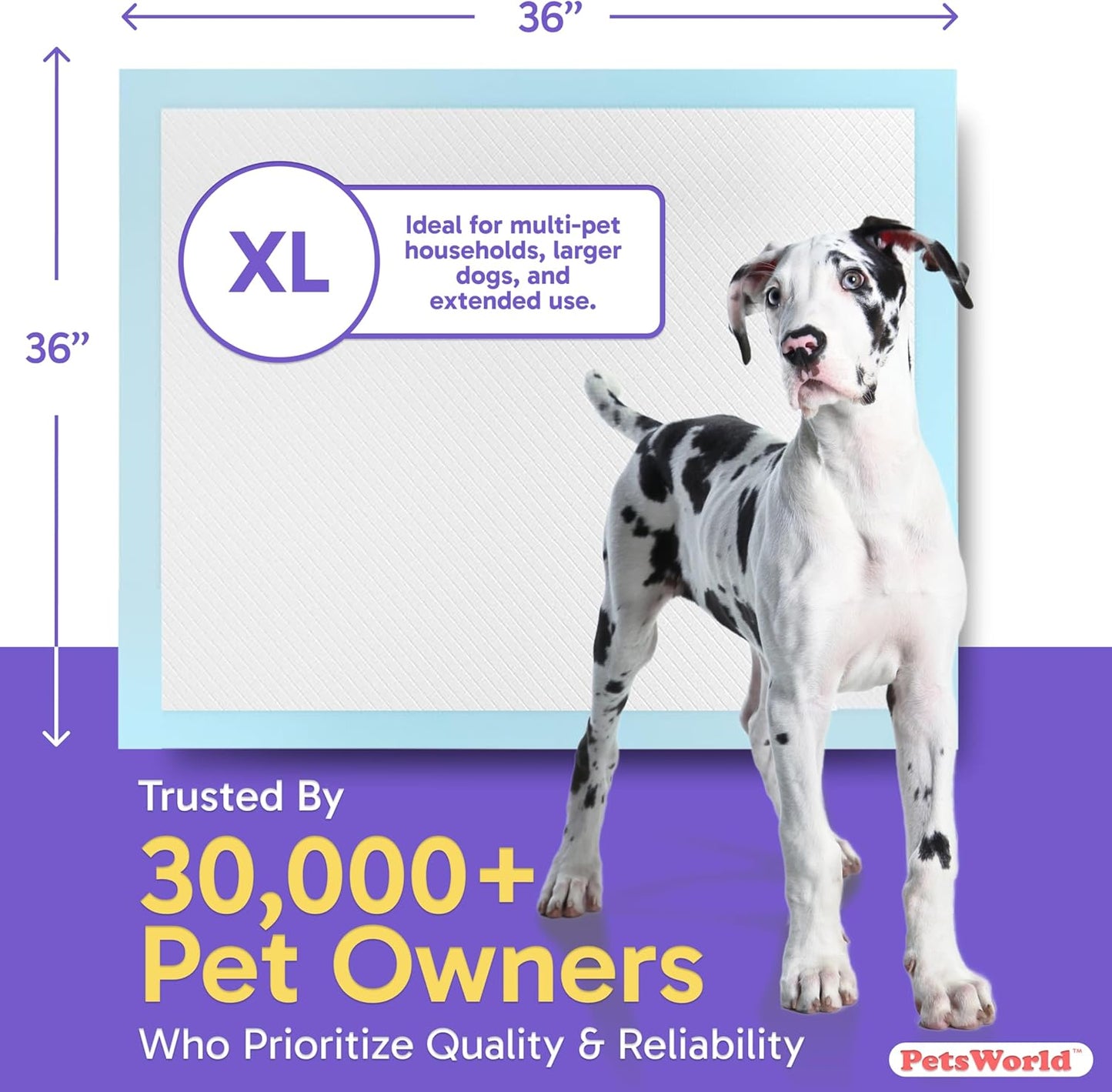 PETSWORLD Giant Dog Potty Pads, Odor-Eliminating, 36" x 36", Ultra Absorbent 5-Layer Leak-Proof Training Pads for Dogs & Cats (36x36, 400 Count)
