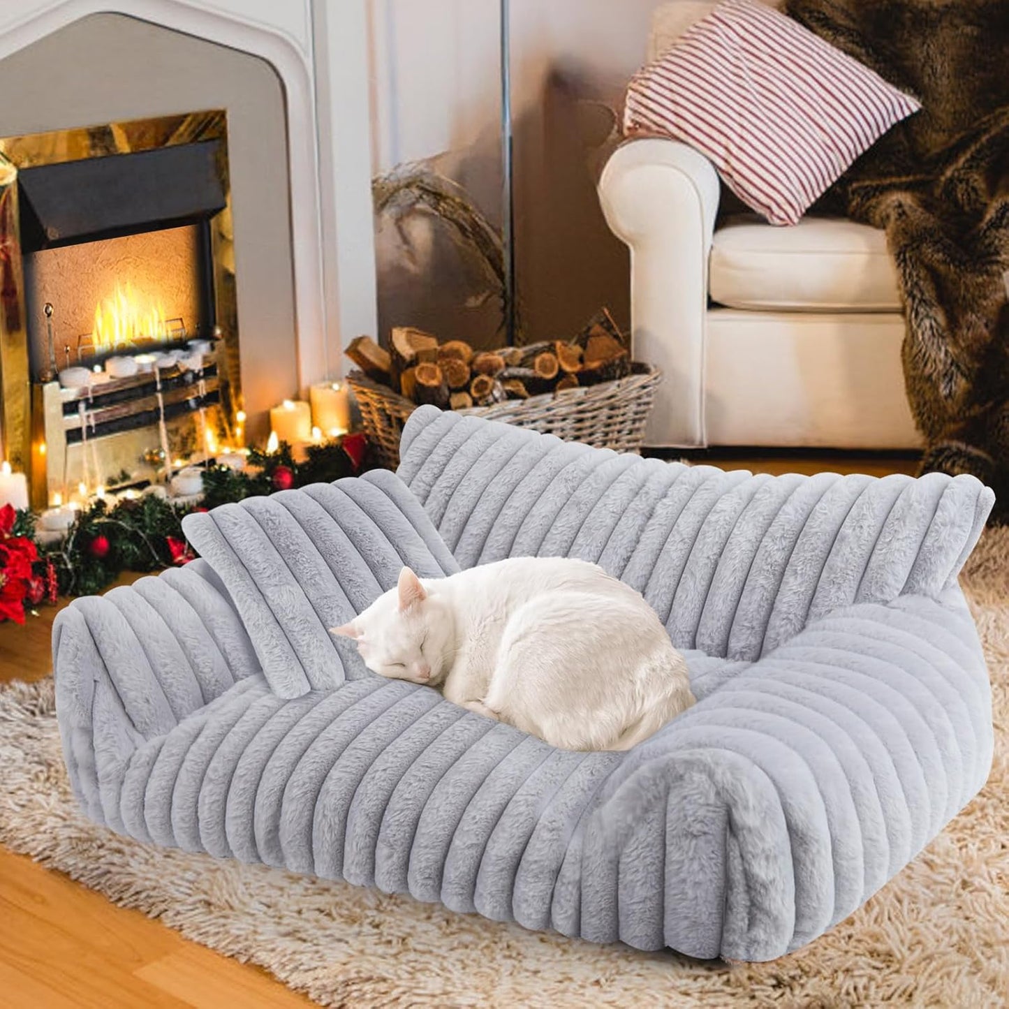 Cute Cat Couch Bed for Indoor Cats, Fluffy Pet Cat Sofa with Premium Soft Corduroy Fleece, Cute Small Dog Beds for Small Dogs, Fuzzy Puppy Chair with Removable Washable Cover (30x20x10,Grey)