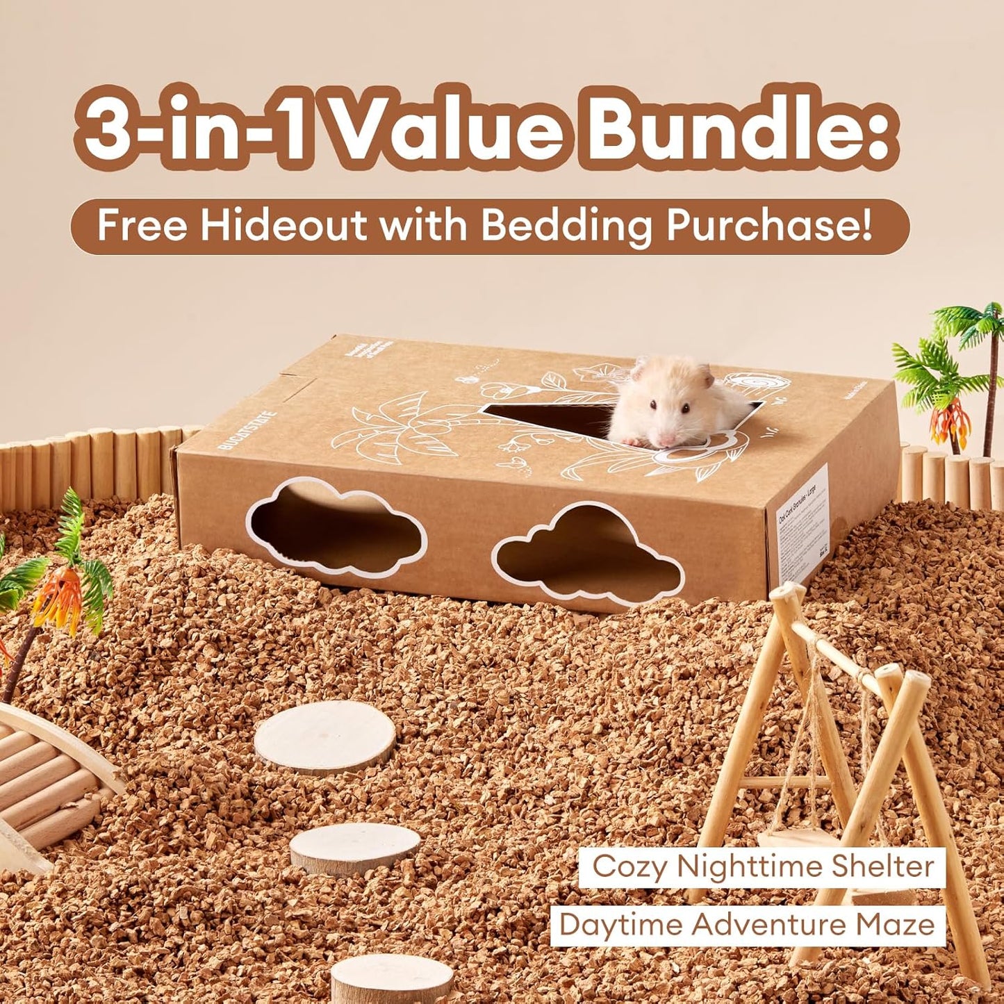 BUCATSTATE Cork Bedding 5L, Natural Hamster Bedding Odor Control for Dwarf Syrian Hamsters, Gerbils, Mice, Low-dust Hamster Substrate with Paper Hideout Box (Grain 2-4mm)