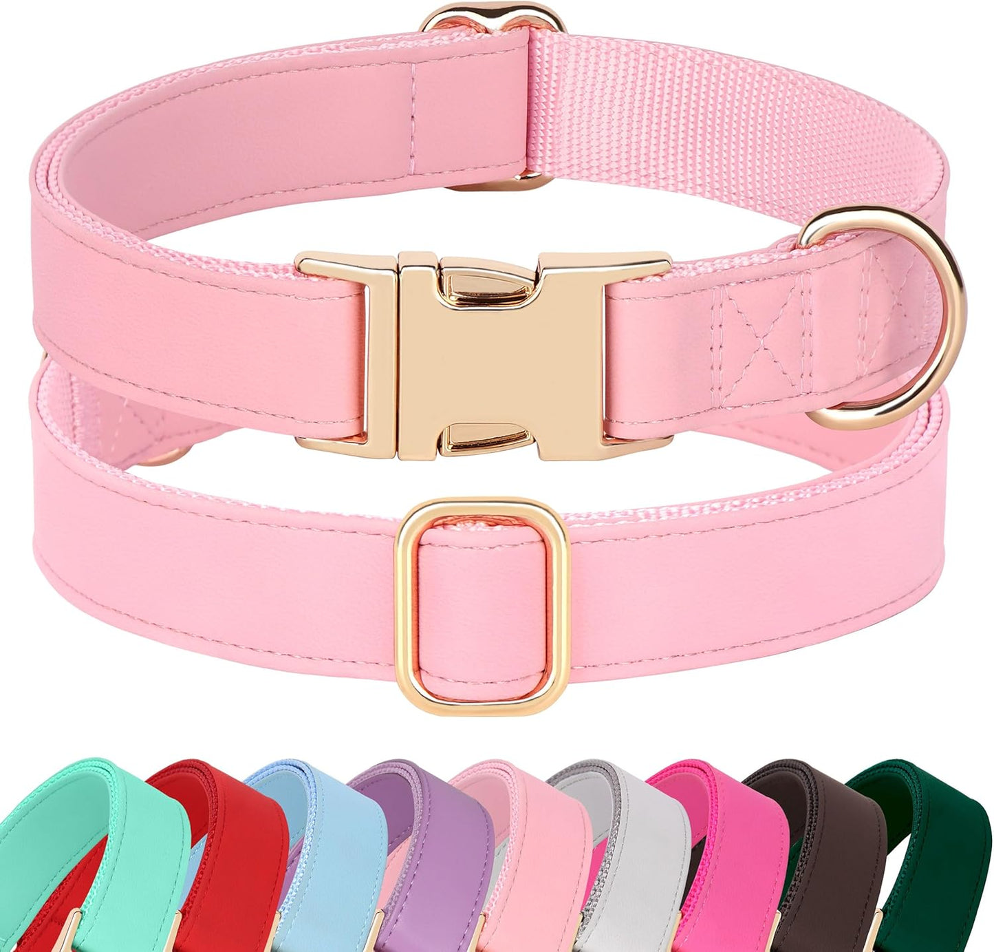 PET ARTIST Soft PU Leather Dog Collar, Bright & Classic Pink Dog Collar with Quick Release Rose Metal Buckle, Adjustable Nylon Padded Durable Pet Collars for Large Dogs Girl, Neck Fit 16-27"