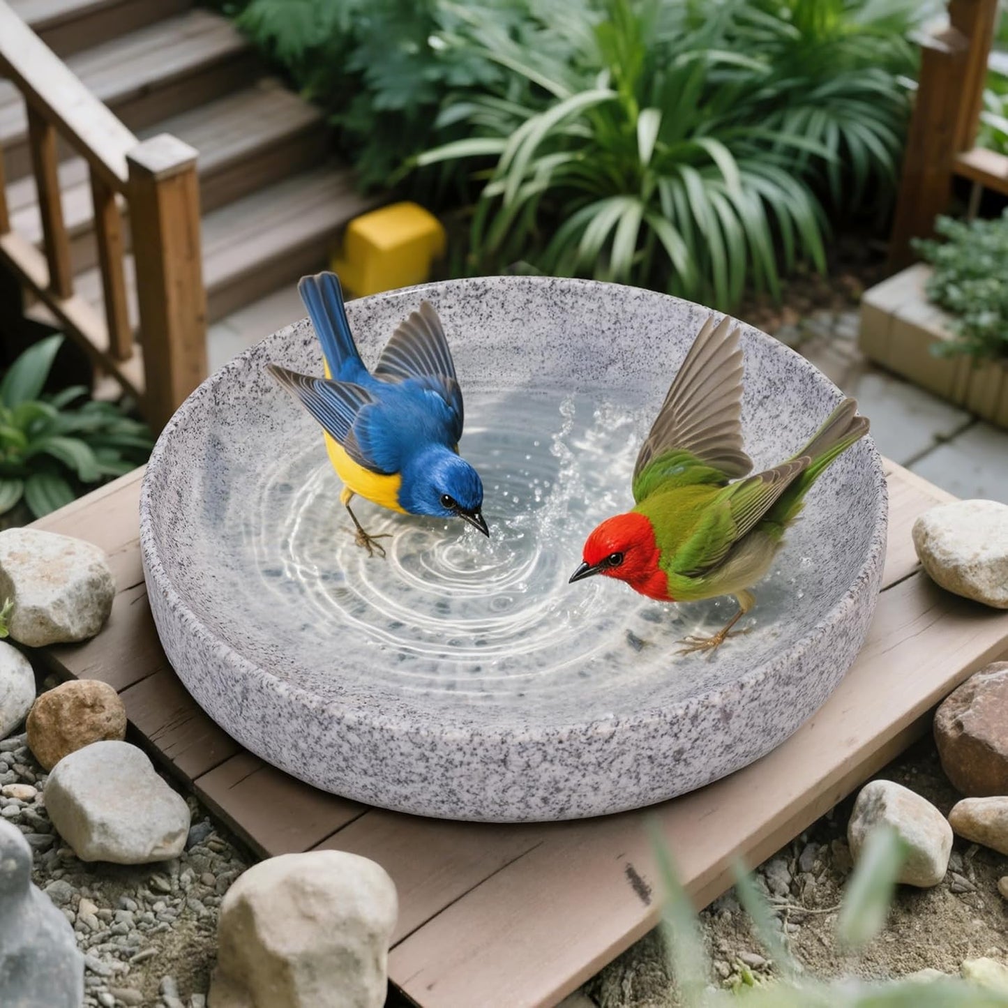 Stone Bird Baths for Outdoors,10inch Birds Bath Bowl with Hanging Accessories,Ground Bird Feeders and Birdbath Bowl, Bird Water Bowl for Balcony, Patio, Garden or Yard,Grey White