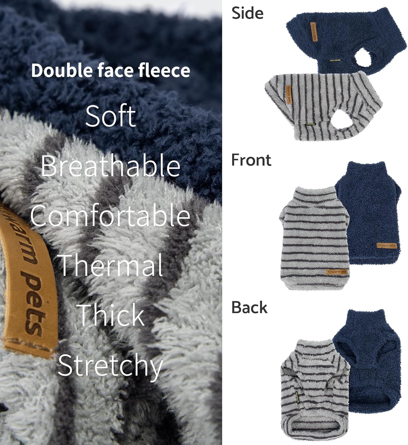 Fitwarm 2 Pack Striped Fleece Dog Sweater, Warm Winter Dog Clothes for Small Dogs Boy Girl, Fuzzy Pet Outfit, Doggy Pullover Jumper, Grey, Navy, XL