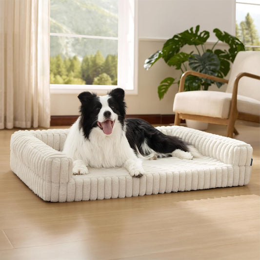 Bedsure Orthopedic Dog Beds Large Sized Dog, Waterproof Memory Foam Pet Bed with Sides, Non-Slip Bottom and Egg-Crate Foam Large Pet Couch Sofa with Washable Removable Corduroy Cover, Cream
