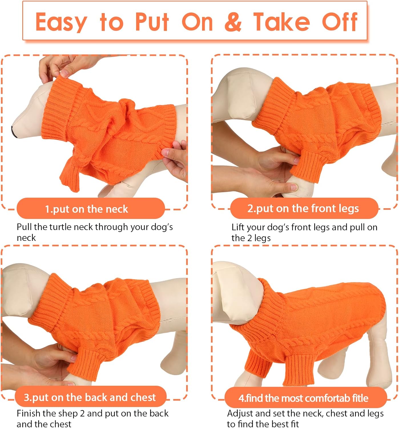 Queenmore Small Dog Pullover Sweater, Cold Weather Cable Knitwear, Classic Turtleneck Thick Warm Clothes for Chihuahua, Bulldog, Dachshund, Pug (Orange, Large)