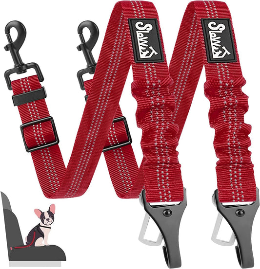 SlowTon 2 Pack Dog Seat Belt, 2 in 1 Attachment, Hook Latch Bar or Seatbelt Buckle with Elastic Nylon Bungee Buffer Adjustable Reflective Nylon Safety Belt Tether Connect to Dog Harness (2pack-R)