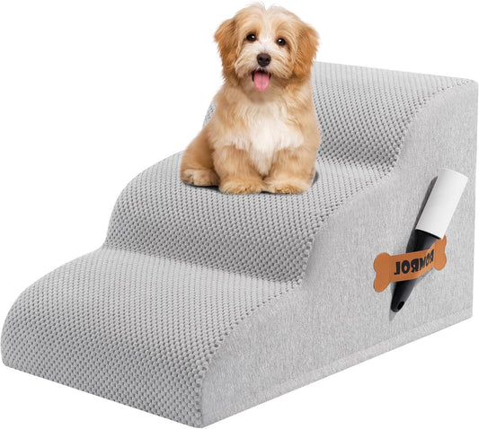 Romrol Dog Stairs Ramp for Beds Couches, Extra Wide Pet Steps with Durable Non-Slip Waterproof Fabric Cover, Dog Slope Stairs for Small Dogs and Cats or Pets Friendly, 3-Tiers, 13 Inch,Light Grey