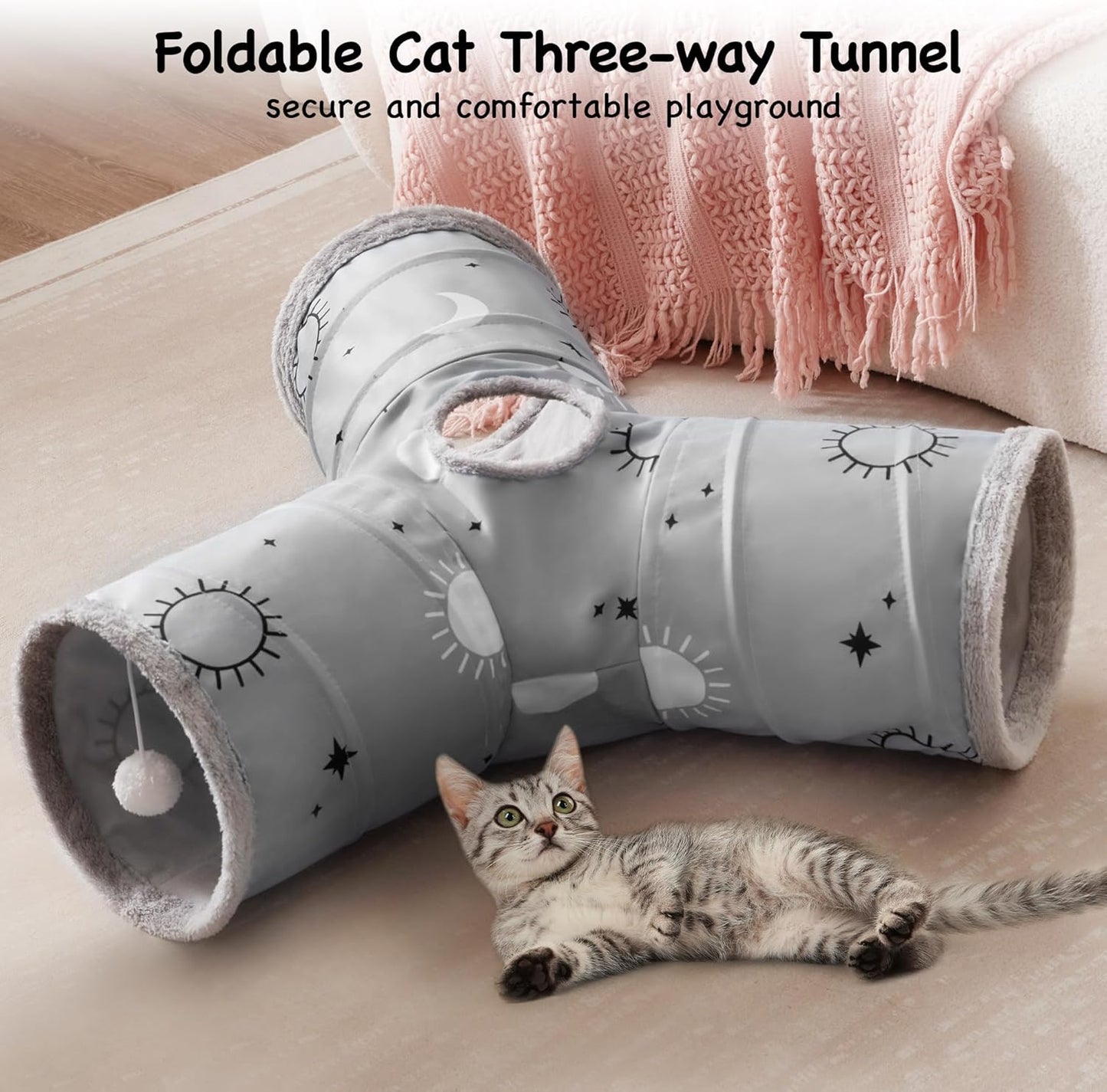 Tempcore Pet Cat Tunnel Tube Cat Toys 3 Way Collapsible, Cat Tunnels for Indoor Cats Fleece-Lined in for Warmth，Kitty Tunnel Bored Pet Toys Peek Hole Toy Ball Puppy, Kitten, Rabbit Gray Sun
