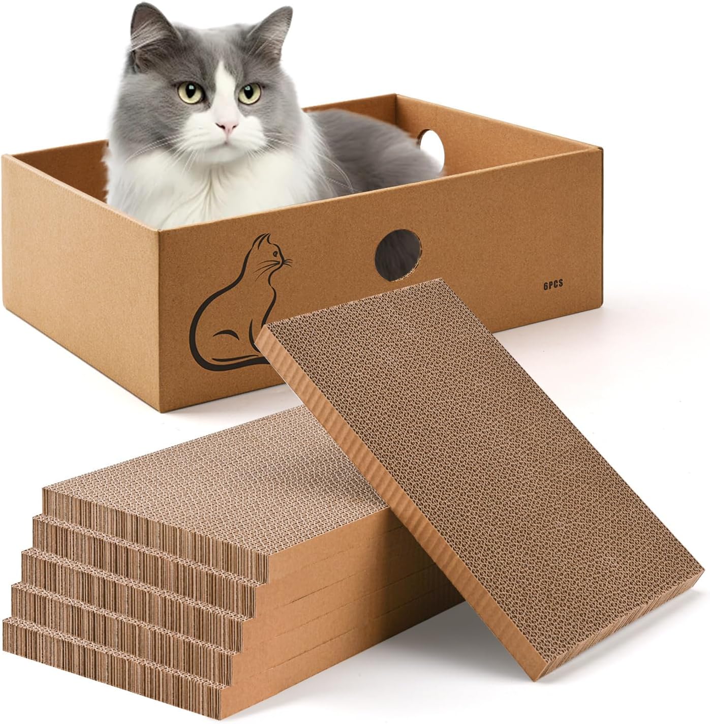 AUSCAT Cat Scratcher Box with 6PCS Cat Scratching Board, Cardboard Cat Scratchers for Indoor Cats, Reversible Cat Scratch Pads for Small Medium Kittens, 14.6" L x 10.9" W x 5.2" H