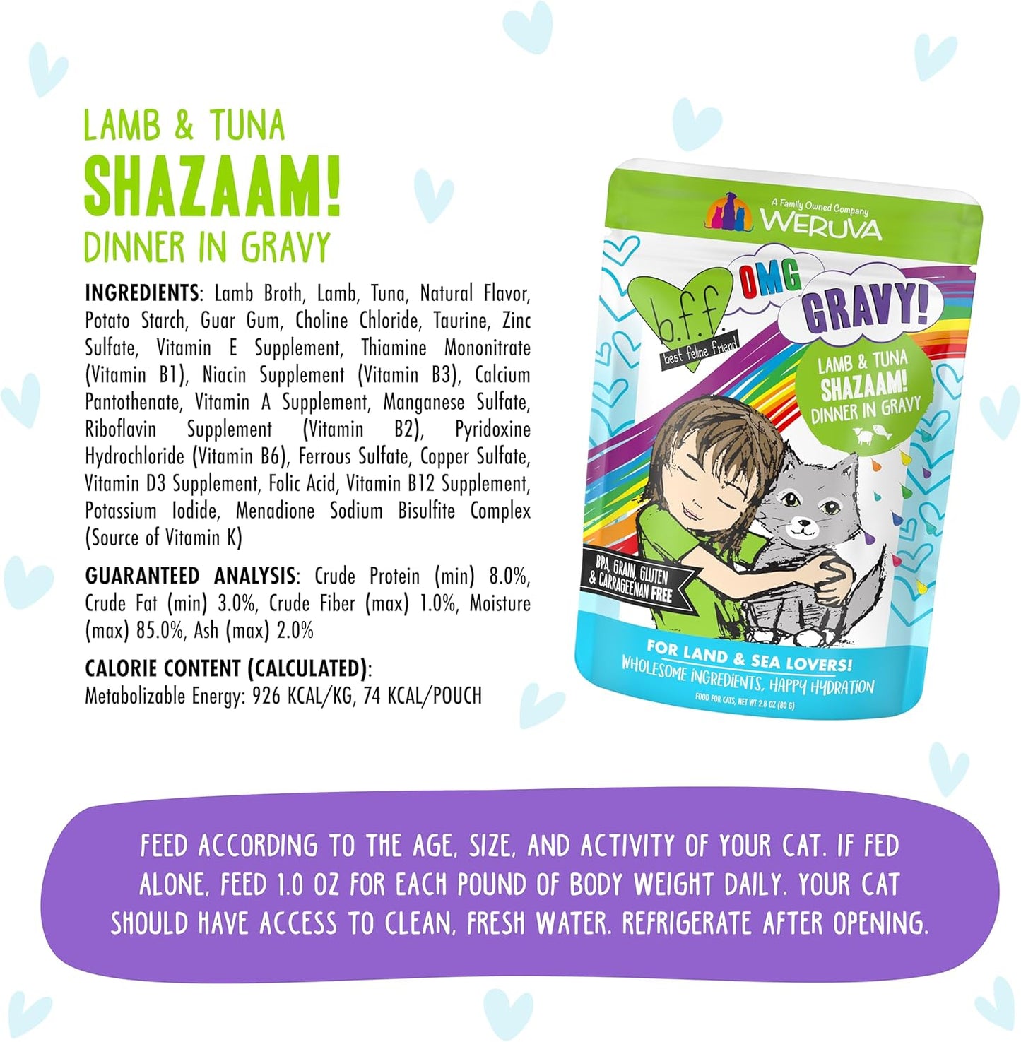 Weruva B.F.F. OMG - Best Feline Friend Oh My Gravy!, Shazaam! with Lamb & Tuna in Gravy Cat Food, 2.8oz Pouch (Pack of 12)