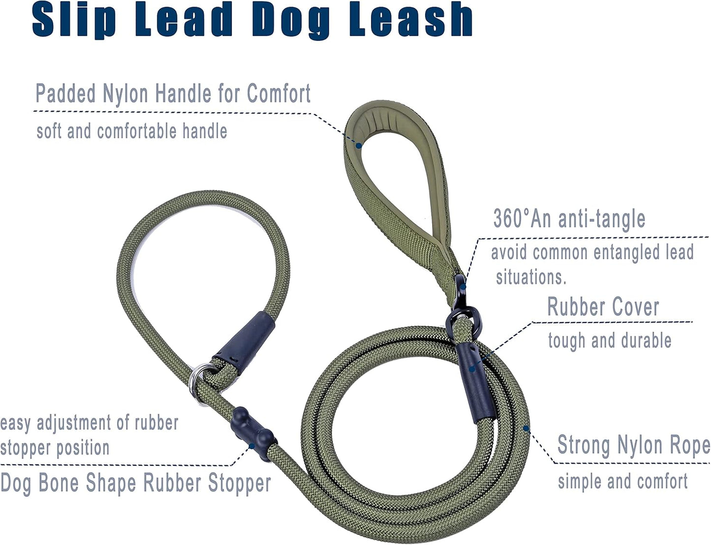 Slip Lead Dog Leash，Strong Nylon Rope Leash and Padded Handle,No Pull Outdoor Walking Training Lead for Small Medium Large Dogs(Army Green, 1/2"×6ft)