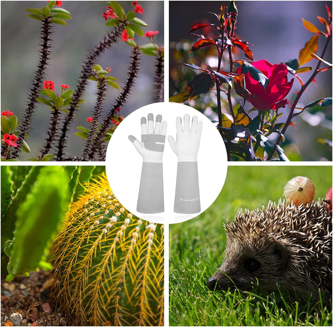 HANDLANDY Long Gardening Gloves for Men & Women, Thorn Proof Rose Pruning Gloves Leather Gauntlets Garden Glove Yard Work Glove (Small, Grey)