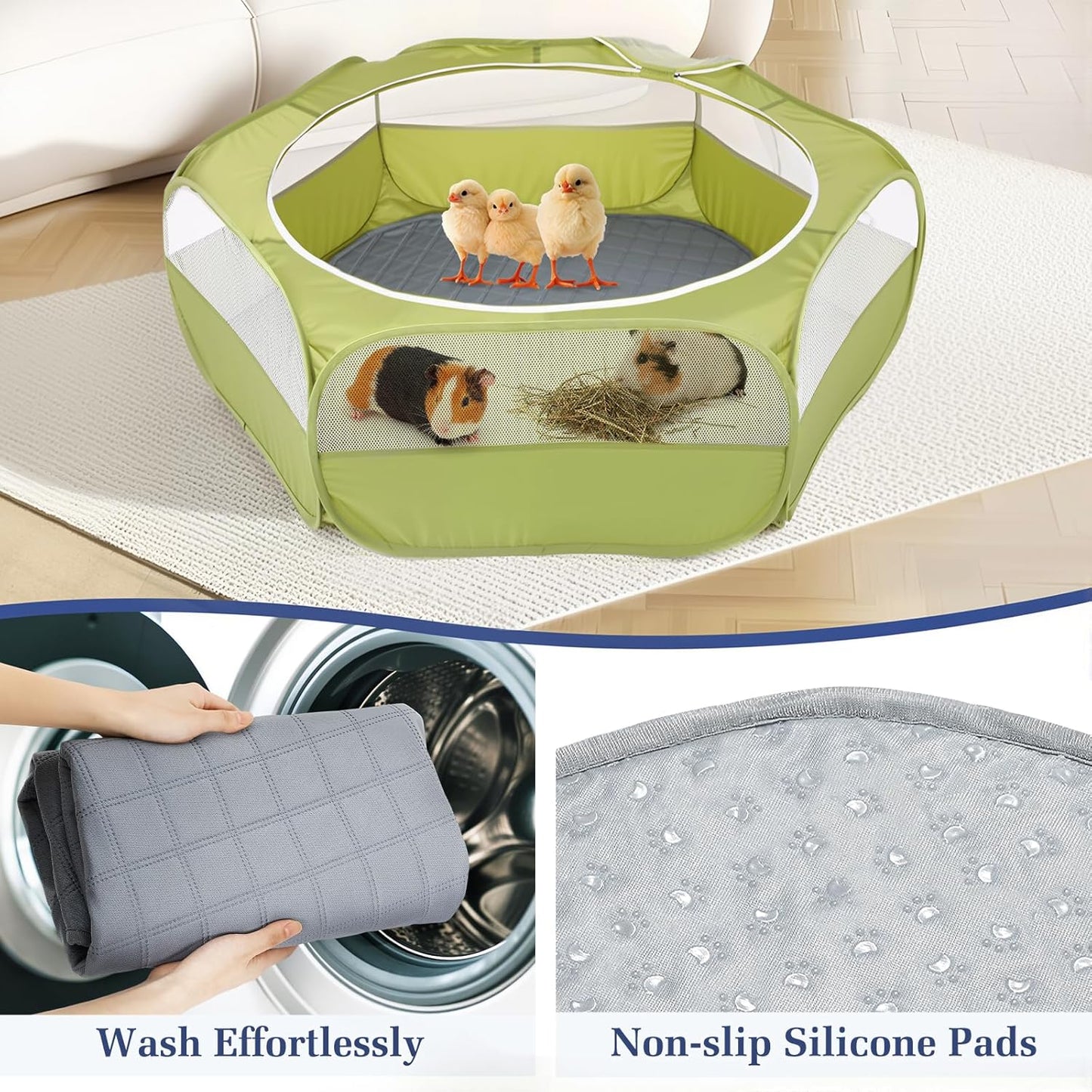 2-in-1 Small Animals Playpen with Pad, Waterproof Small Pet Cage Tent with Reusable Pad, Portable Outdoor Yard Fence with 3 Metal Rod for Chick/Kitten/Puppy/Guinea Pig/Rabbits/Chinchillas, Green