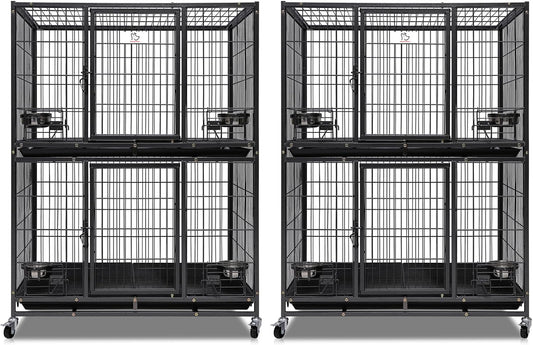 Homey Pet Two Tiers 37 Inch Dog Crate Cage Kennel with Feeding Door and Bowls, Lockable Wheels and Removable Tray, Escape Proof Metal Wire Heavy Duty Dog Crates for Medium/Small Sized Dogs (2 Pack)