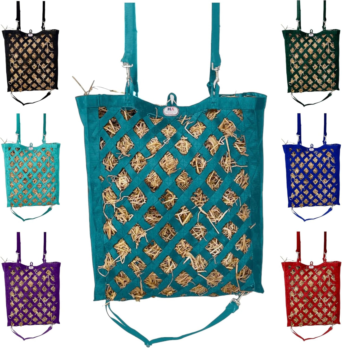 Majestic Ally Premium Nylon Hay Bag for Horses and Livestock, Simulates Grazing, Slow Feeding, Heavy-Duty PP Webbing,Quick-Adjust Straps, Small Hole for Digestion, Multiple Colors (Teal)