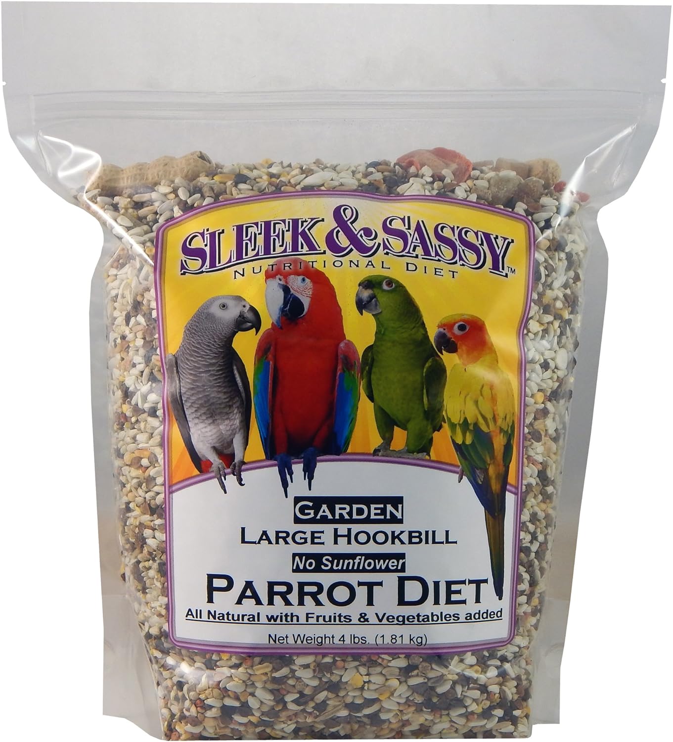 SLEEK & SASSY Garden Large Hookbill No Sunflower Parrot Food for Large Conures, Amazons, African Greys, Cockatoos, Pionus-Parrots & Small Macaws (4 lbs.)