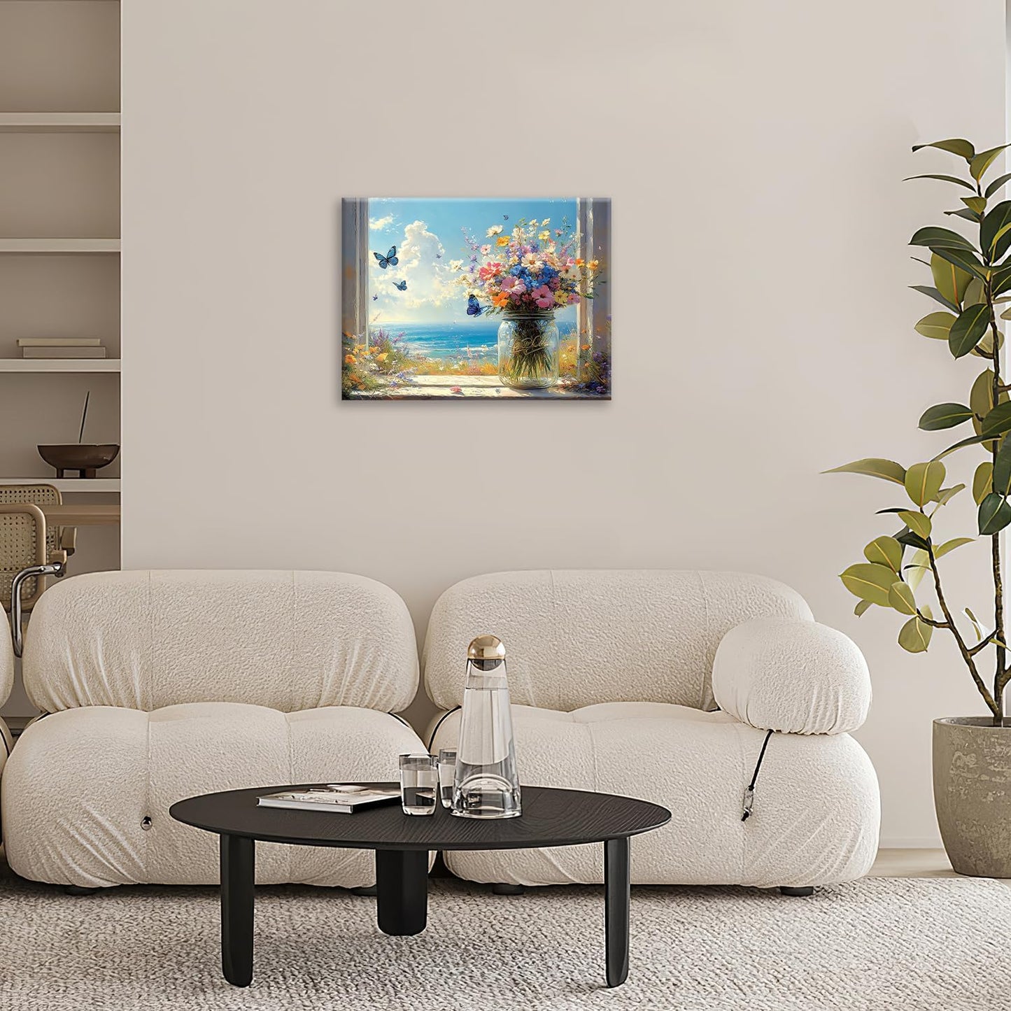 Beach Floral Bathroom Pictures Wall Art, Colorful Flower Bathroom Wall Decor, Coastal Ocean Framed Painting Canvas Artwork for Bedroom Living Room Decorations 16"L x 12"W