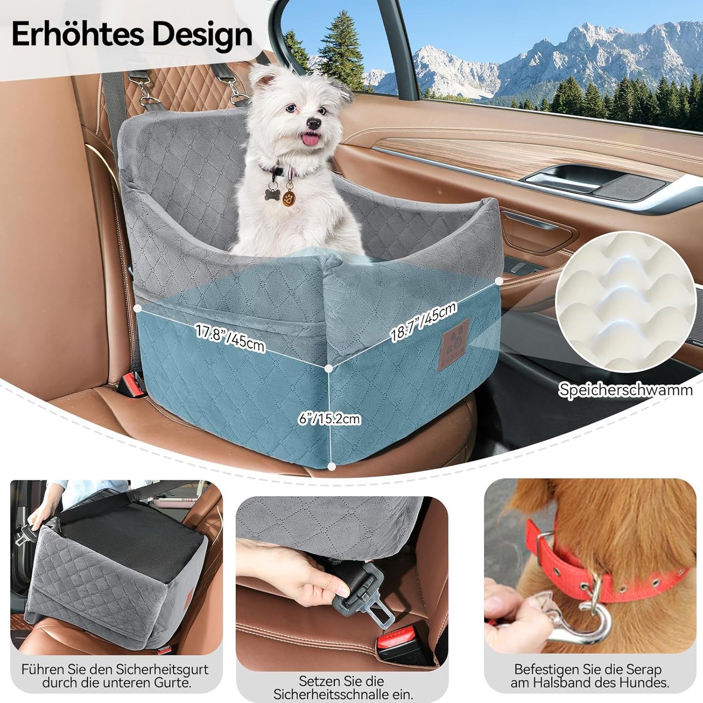 Dog Car Seat for Small/Medium Dogs, Dog Booster Car Seats with Thick Cushion for Dogs Under 35lbs, Detachable Washable Pet Car Seat with Storage Pockets, 2 Safety Belts