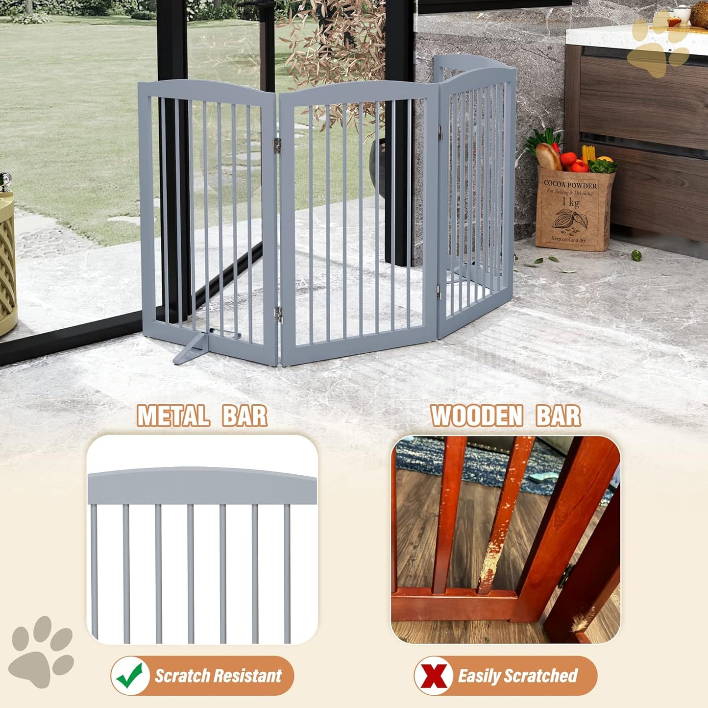 Freestanding Wooden Pet Gate - Foldable Indoor Dog Gate, 80 Inch Wide, 4 Panels, Grey