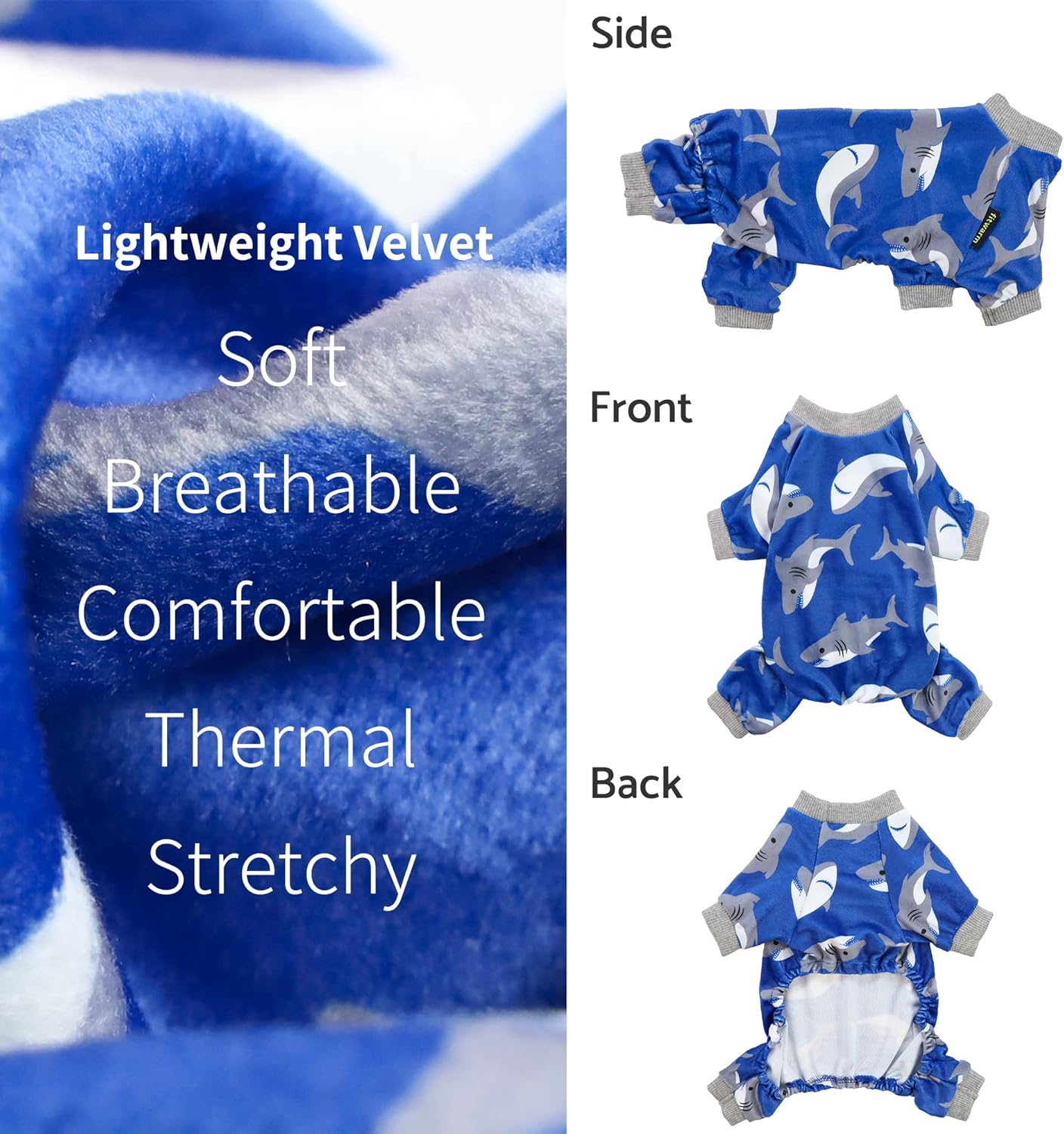 Fitwarm Shark Dog Pajamas, Dog Clothes for Small Dogs Girl Boy, Pet Onesie with Feet, Cat Outfit, Lightweight Velvet, Royal Blue, XS
