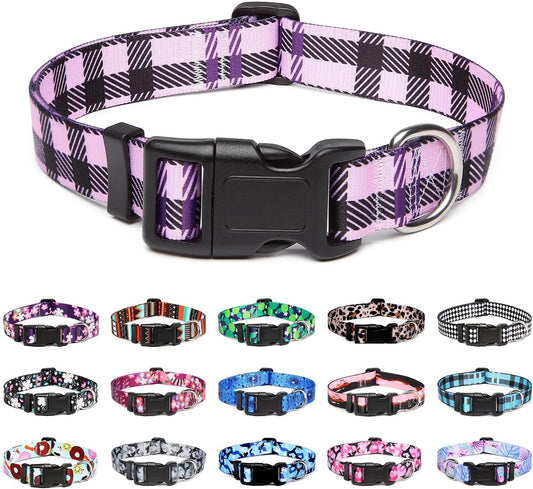 Mercano Adjustable Dog Collar - Special Design Patterns, Soft Nylon Comfortable Durable Pet Collar for Small Medium Large Dogs (L, Purple Plaid)