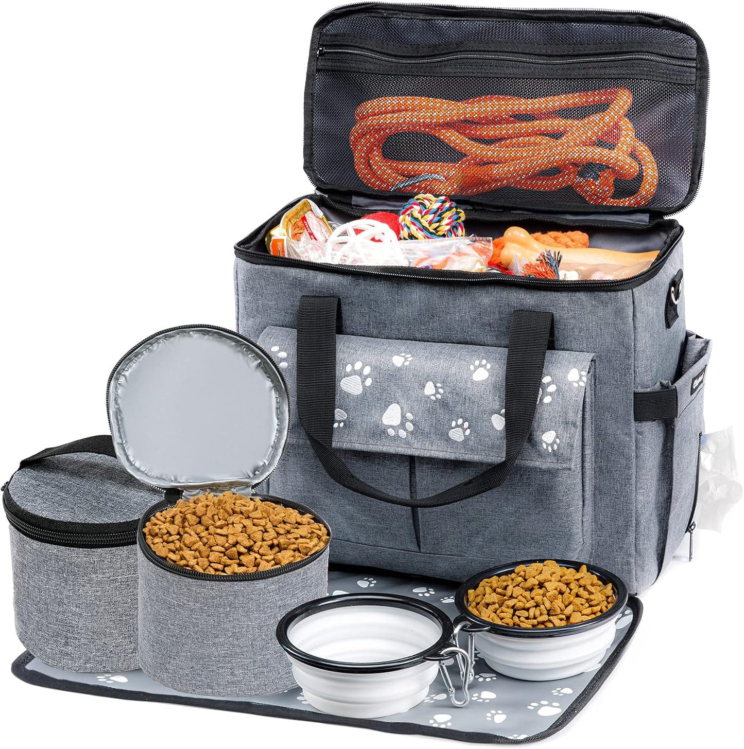 Large Dog Travel Bag, Airline Approved Dogs Bags for Traveling, 2 Dog 's Food Travel Container and Collapsible Bowls, Weekend Pet Travel Bags