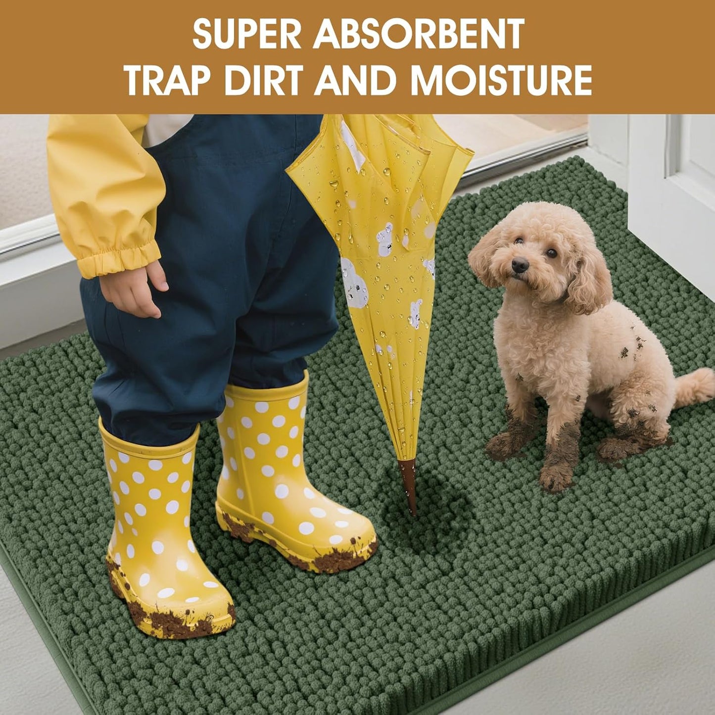 Dog Door Mats for Muddy Paws, Chenille Absorbent Dog Mats, Non Slip Heavy Mud Mat for Dogs, Soft Pet Mat for Entryway, Mud Paws, Inside Floor,48" x 38", Olive