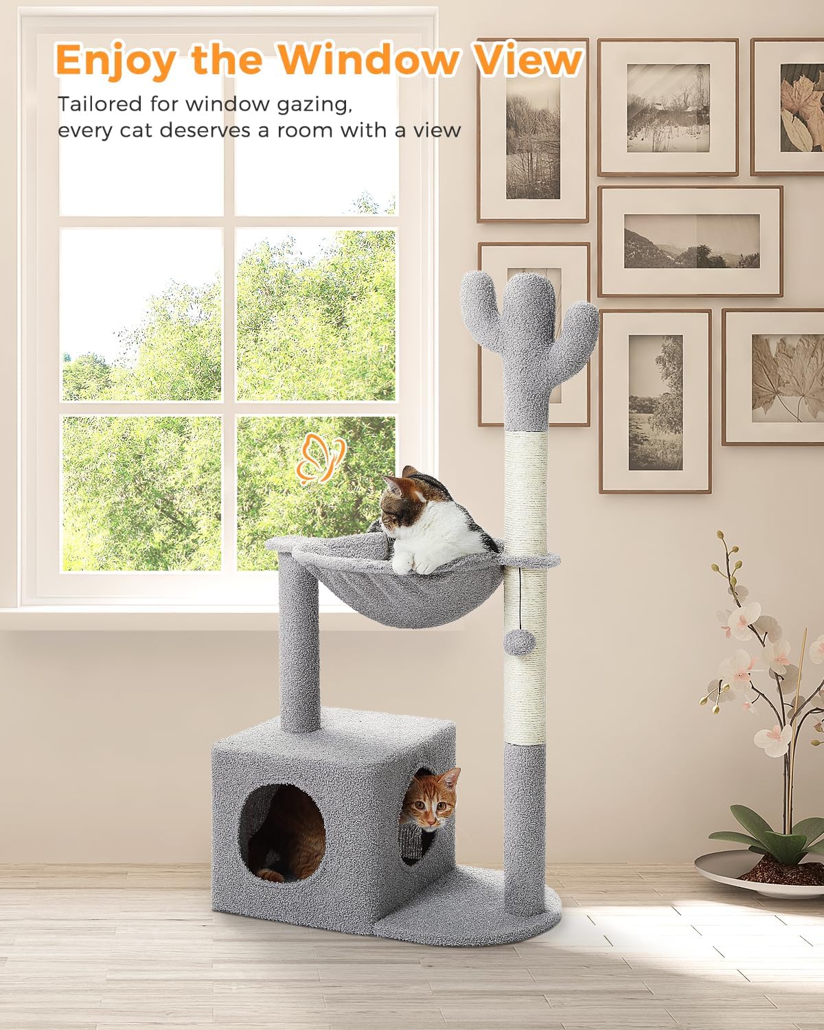 Cactus Cat Tree Cat Scratching Post 40" Cat Tower with Large Metal Carpet Hammock, Cat Scratching Post for Indoor Cats with Condo& Dangling Ball, Grey