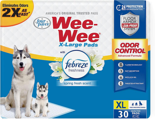 Four Paws Wee-Wee Odor Control with Febreze Freshness Pee Pads for Dogs & Puppies, Leak-Proof Dog Housebreaking Potty Training Floor Protection, Spring Fresh Scent, 28" x 30", 30 Count