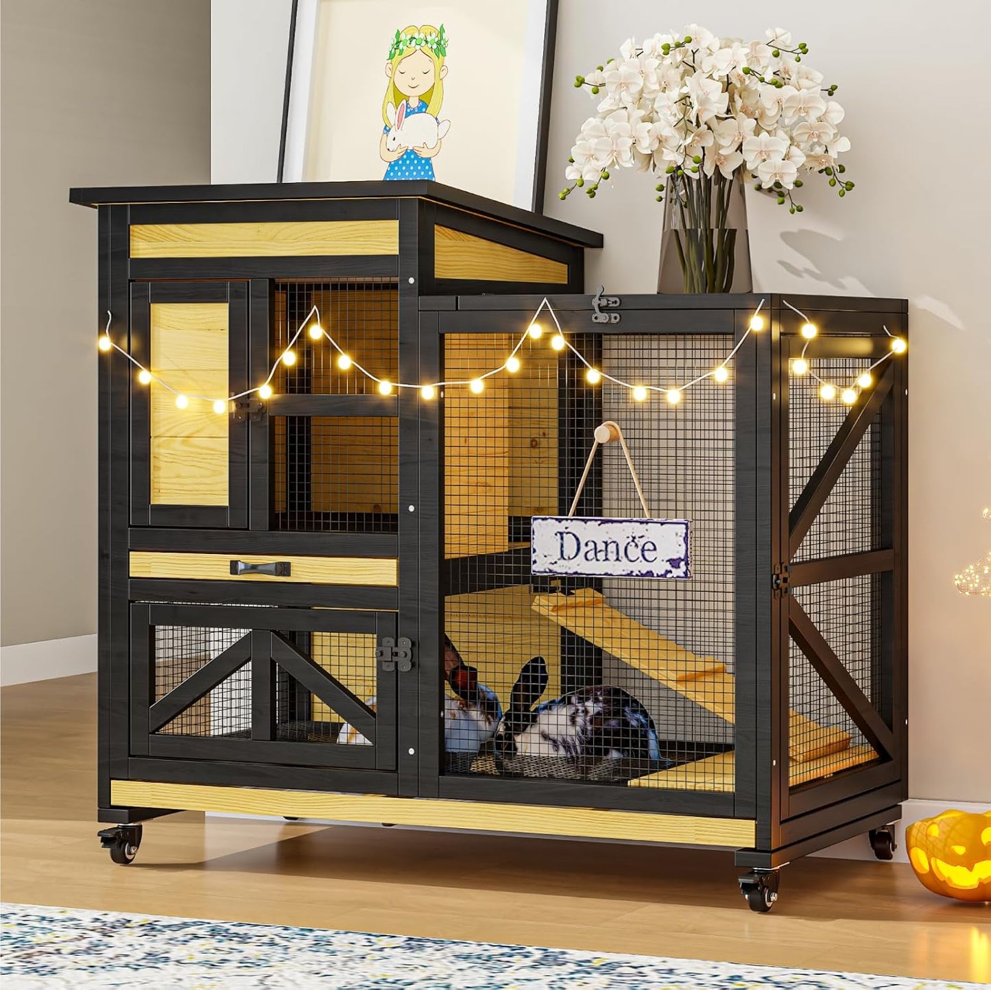 40'' Rabbit Cage Bunny Cage Indoor, Outdoor Rabbit Hutch for Small Animals, 2-Story Wooden Guinea Pig Cages with Wheels & 2 Deeper No Leak Trays, Waterproof Openable Roof & Bottom Wire Mesh