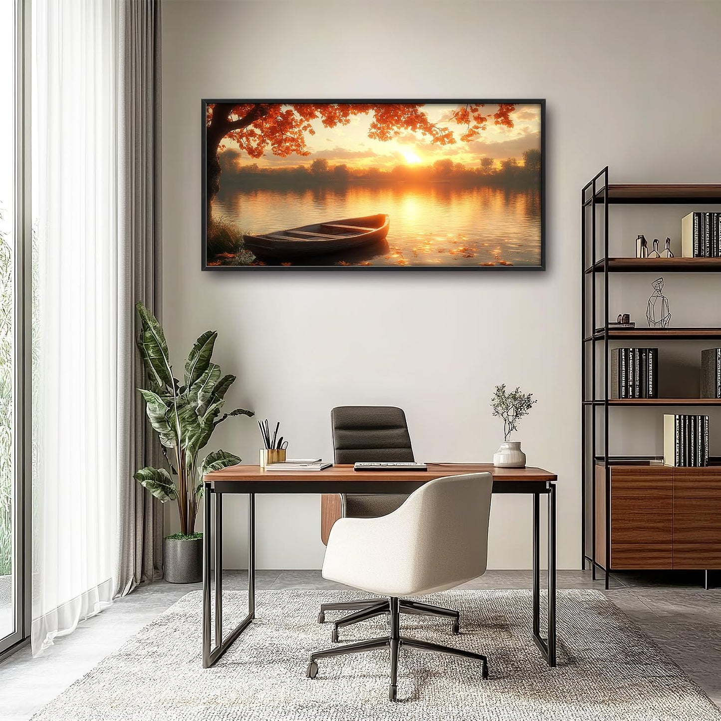 Large Lake Sunrise Landscape Wall Art for Living Room, Nature Boat Canvas Oversized Wall Decor, River Scenery Framed Pictures Painting Print Artwork for Bedroom Office 60"L x 30"W