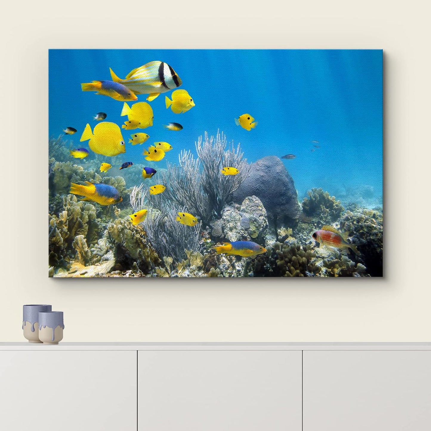 wall26 Canvas Print Wall Art Yellow School of Fish with Blue Coral Reef Nature Ocean Photography Realism Nautical Scenic Relax/Calm Multicolor Ultra for Living Room, Bedroom, Office - 32"x48"