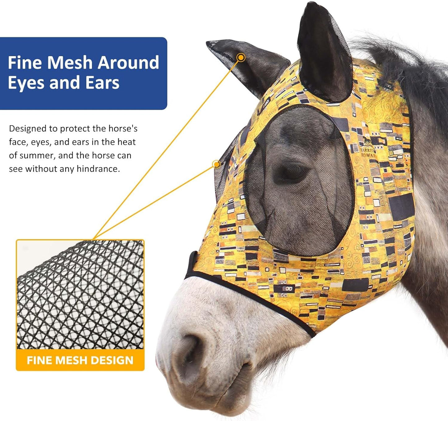 Harrison Howard Super Comfort Stretchy Fly Mask Large Eye Space with UV Protection Soft on Skin with Breathability Golden Shape M