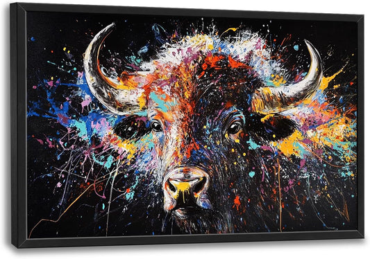 Framed Large Bison Buffalo Wall Art for Living Room, Oversized Graffiti Yak Cow Wall Decor Banksy Bull Canvas Painting Animal Pictures Modern Artwork for Living Room Bedroom Office 36"x24"