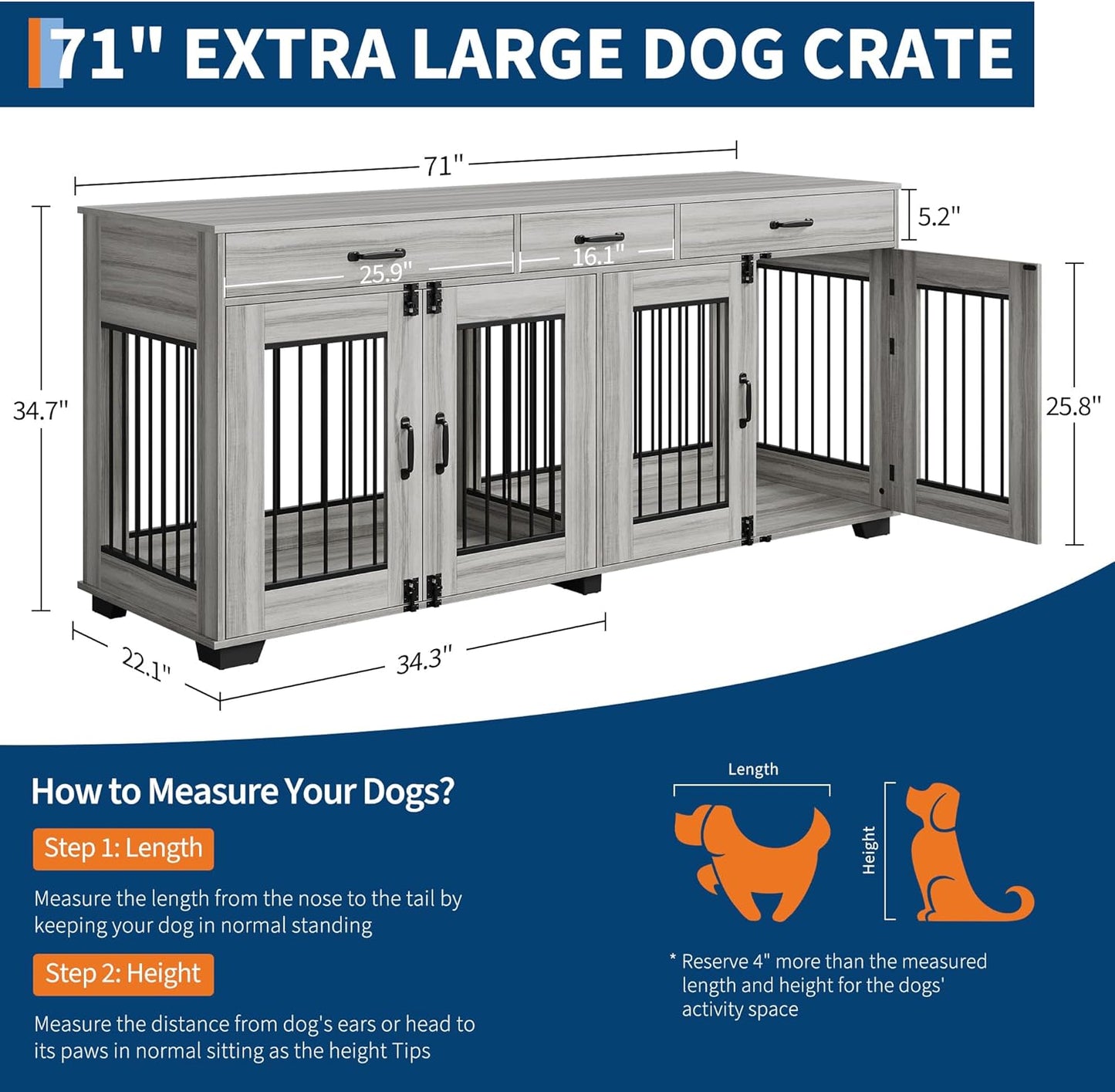 71 Inch Dog Crate Furniture for 2 Rooms, Wooden Double Crate Large Breed with Door, Dog Kennel Indoor, TV Stand End Table with Divider for Large Medium Dogs,Grey