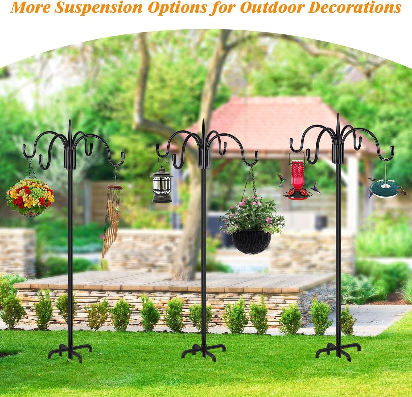 FEED GARDEN 76 Inch Four Shepherd Hooks for Outdoor,Bird Feeder Pole with 5 Prong Base, Adjustable Shepard Hooks for Hanging Plant, Solar Lanterns, Wind Chimes, 2 Pack