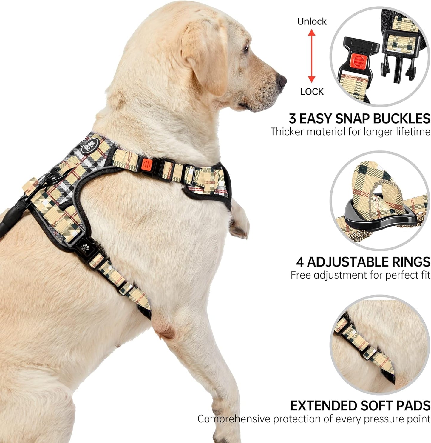 NESTROAD No Pull Dog Harness with Leash, Reflective No Choke Pet Vest Harness,Adjustable Soft Padded Dog Harness with Easy Control Handle for Large Dogs(Checkered Beige,X-Large)