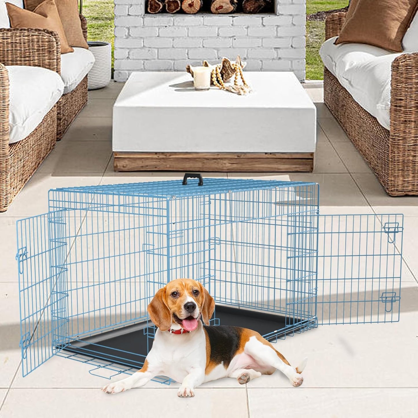 FDW Dog Crate for Medium Dogs 36 Inch Folding Metal WirePet Cage Double Door W/Divider Panel Indoor Outdoor Kennel Leak-Proof Plastic Tray,Blue