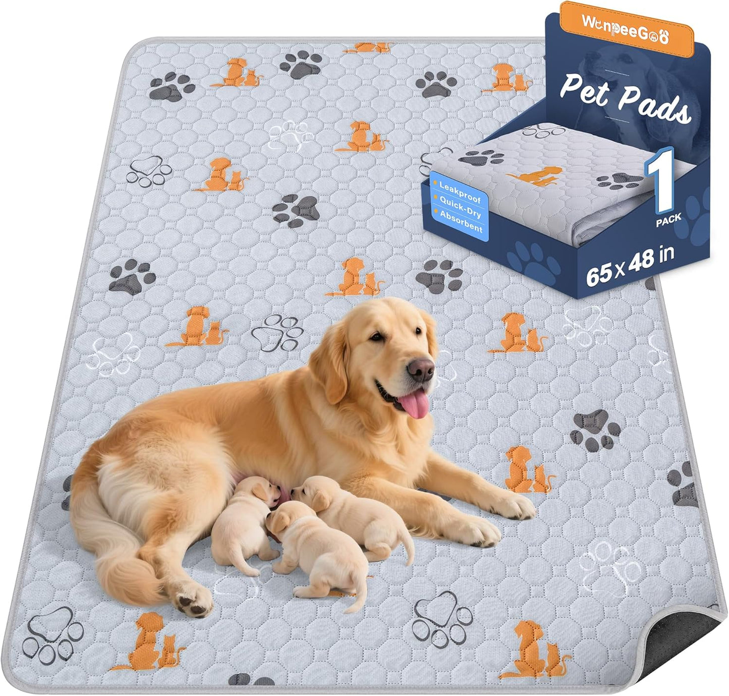 Washable Pee Pads for Dogs, 1 Pack Absorbent Reusable Training Dog Pads Pet Puppy Pads, Non-Slip Potty Pads for Whelping, Playpen, Crate, Bed, Orange, 65"x48"