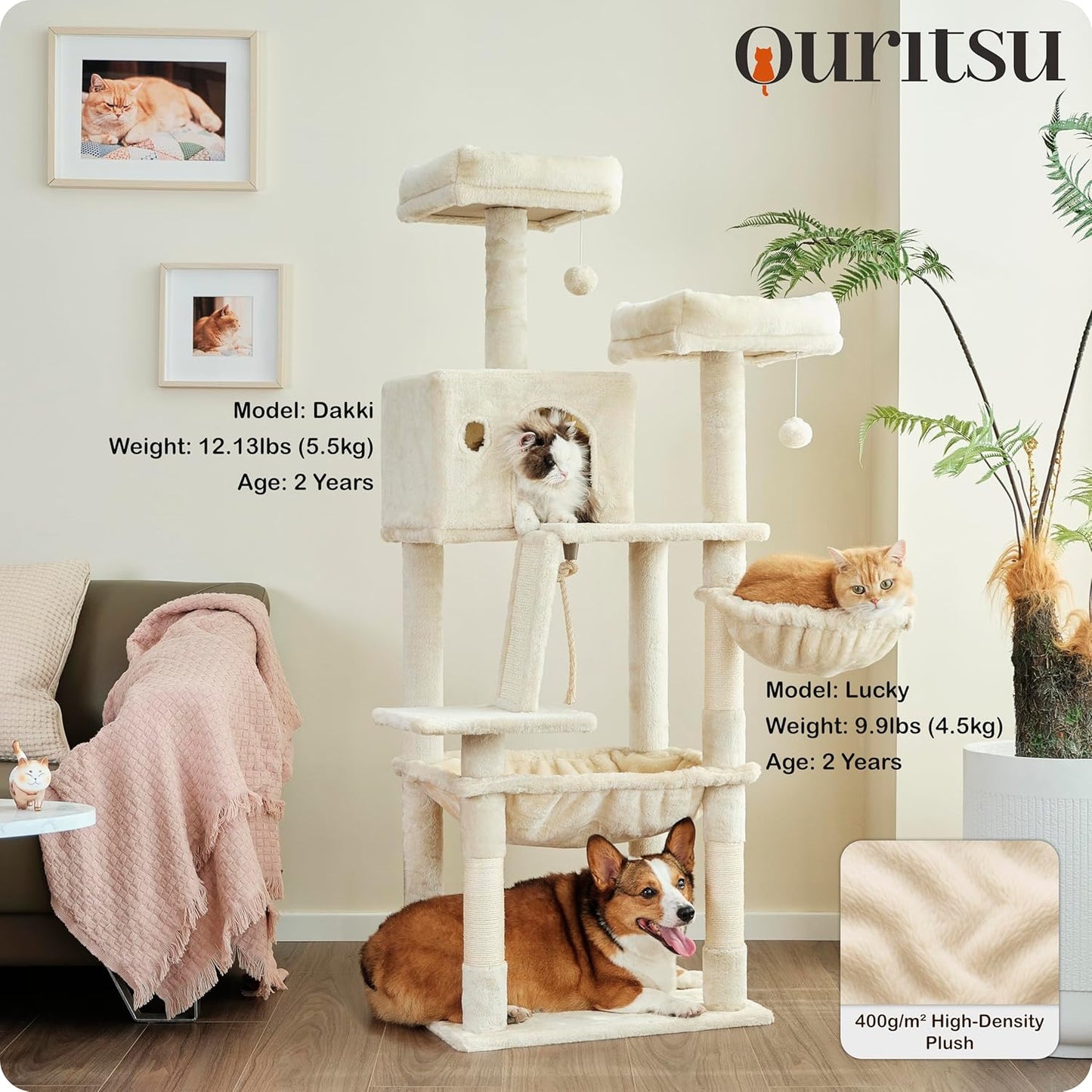 Ouritsu Cat Tree, 56 inch Tall Cat Tower for Large Cat Indoor, Large Condo, 2 Padded Perches, Steel-Framed Hammock, Scratching Post and ramp, Fluffy Basket, Beige, LF001WH