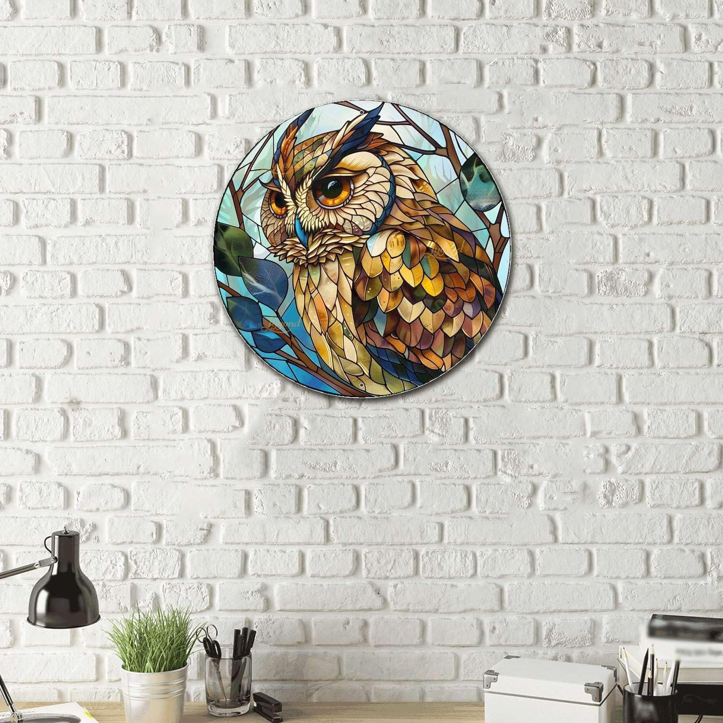 Lygond Metal Sign Tin Sign Circular Stained Glass Owl Vintage Metal Sign for Pet 8×8 Inches